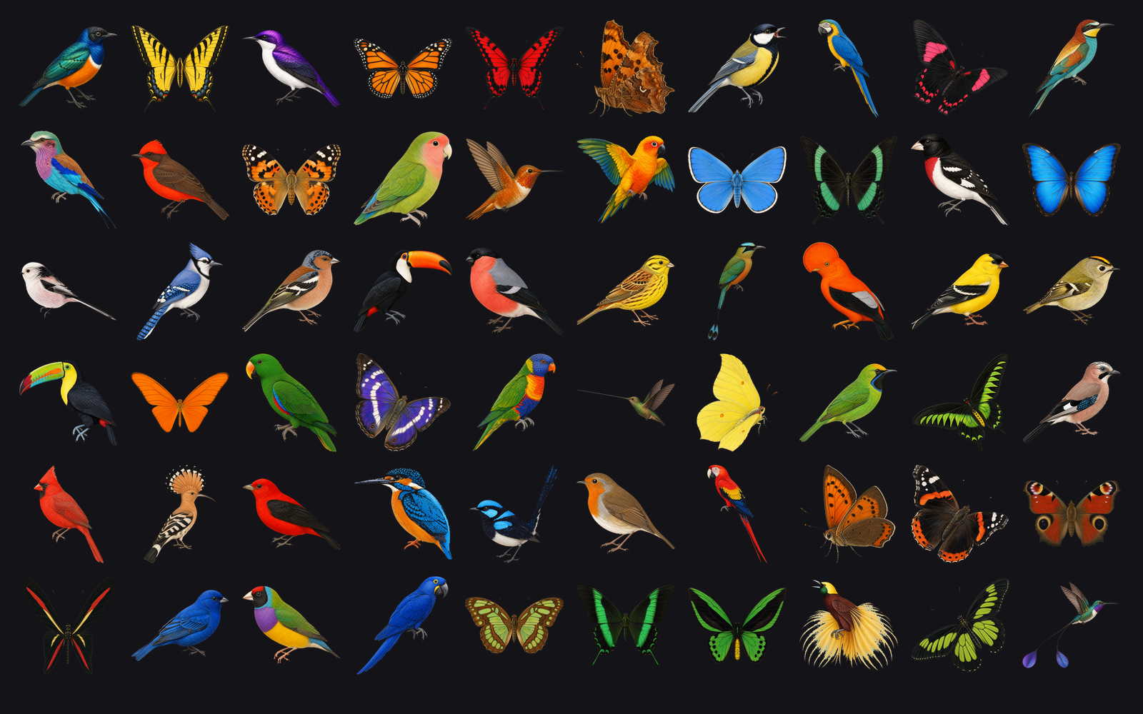 The specimen cabinet: a grid of dozens of individually drawn bird and butterfly illustrations